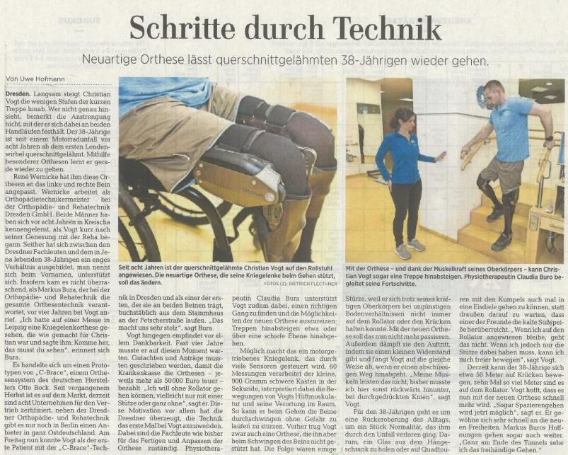 Artikel der Dresdner Neuesten Nachrichten vom 16./17. März 2019 "Schritte durch Technik" über einen gelähmten Patienten, der mit der C-Brace-Technologie wieder gehen kann