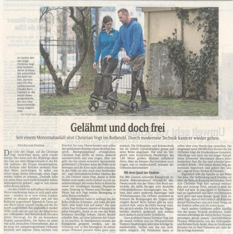 Artikel der Sächsische Zeitung vom 16./17. März 2019 "Gelähmt und doch frei" über einen gelähmten Patienten, der mit der C-Brace-Technologie wieder gehen kann